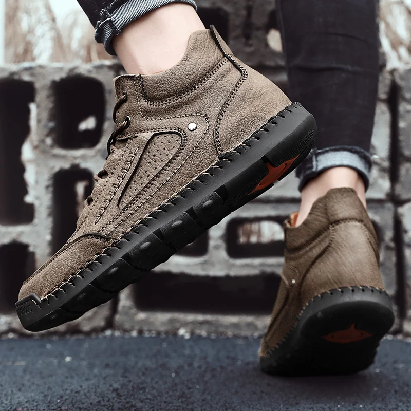 Nine o'clock Stylish Men's Leather Boots Casual Outdoor Street High-top Male Shoes Vintage Winter Warm Footwear Large Size 38-48