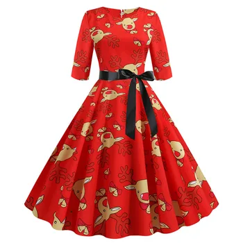 

Elegant A-line Christmas Dress Women Autumn Winter Vintage Casual Half Sleeve Slim Midi Party Dresses Robe Femme Vestidos