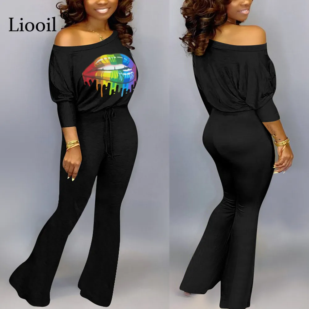 Liooil Lip Print Sexy Bell Bottom Jumpsuit Batwing Sleeve O Neck Drawstring Party Club Rompers Womens Jumpsuit Flare Pants