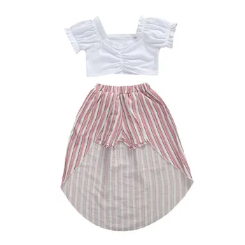 

2020 Baby Girls Summer Clothes Sets Holiday Short Sleeve White Ruffles Sleeve White Crop Tops+Striped Shorts Party 2Pcs Outfits