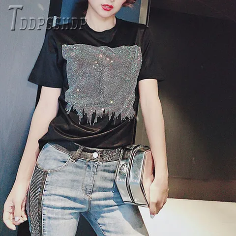 Black Color Hot Drilling Short Sleeve Women T Shirt Female Tee Shirts