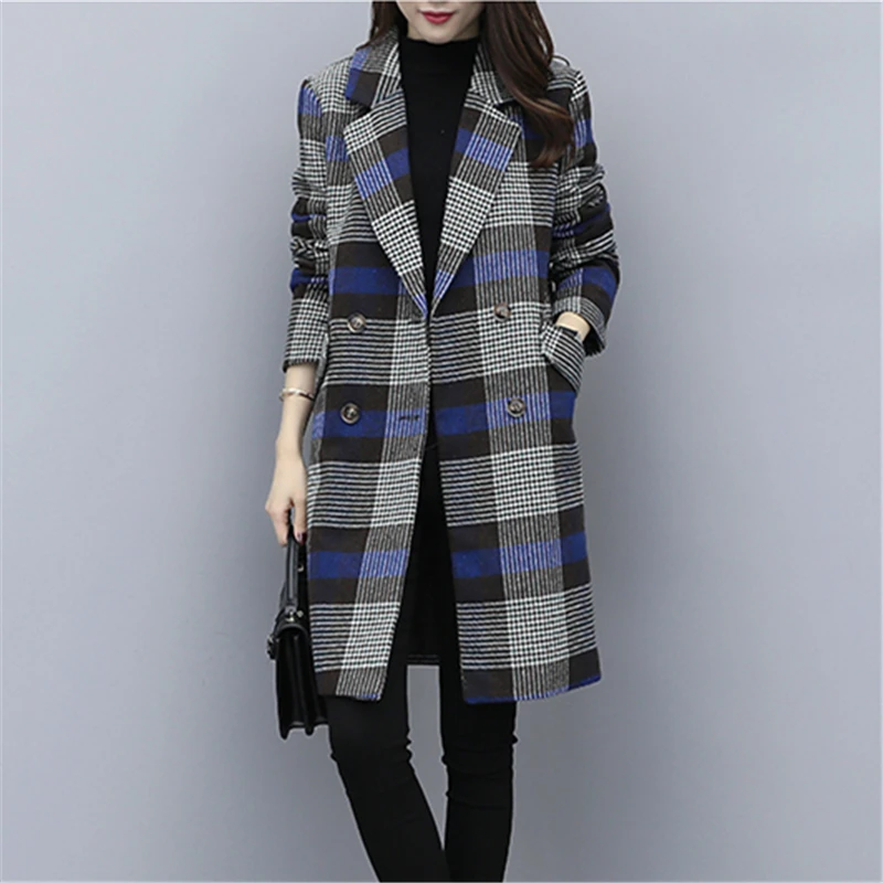 

Woman Wool Coat High Quality Winter Jacket Women Slim Woolen Long Cashmere Coats Casual Cardigan Lattice Jackets Elegant Blend