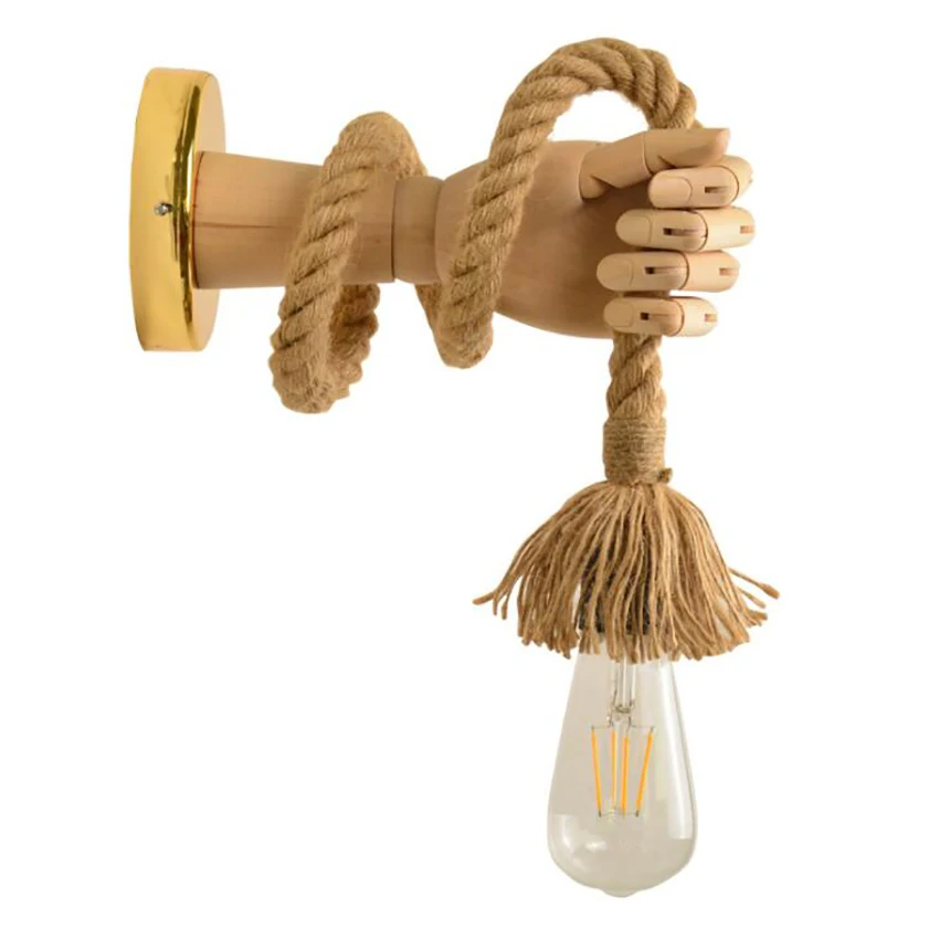 

Creative Wooden Hand Wall Sconce with Adjustable Hemp Rope, Wall Light Fixture Industrial Lamp Fixture for Bar, Living Room Cafe