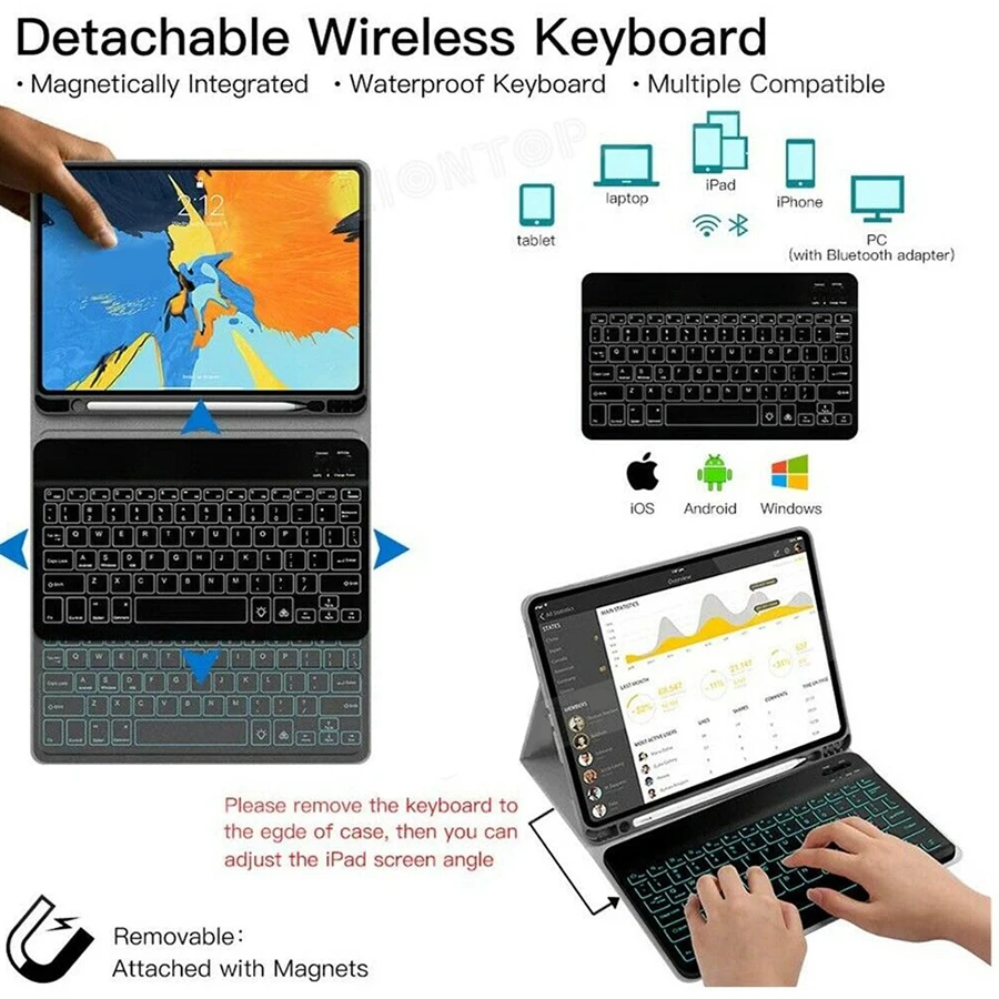 

Backlit Bluetooth Wireless Keyboard Case for iPad Pro 11 inch 2020 2018 Tablet Cover with Pencel Holder English Russian Keyboard