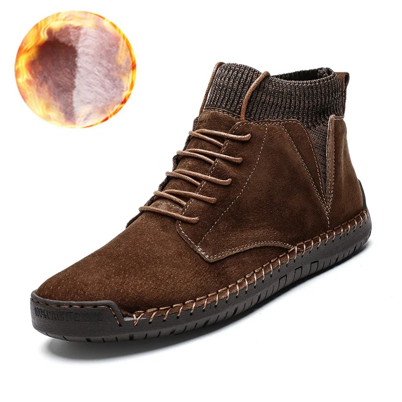 Зимние теплые мужские ботинки; Высококачественная рабочая обувь; мужские водонепроницаемые ботильоны на шнуровке; Мужская замшевая плюшевая обувь на меху; HX-182 - Цвет: Brown Fur