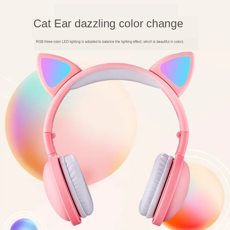 Cute Girl Luminous Cat Ear Headphone Bluetooth Headset Excited Cutely Dimming Cat Ear Colorful Headset Factory Wholesale Support