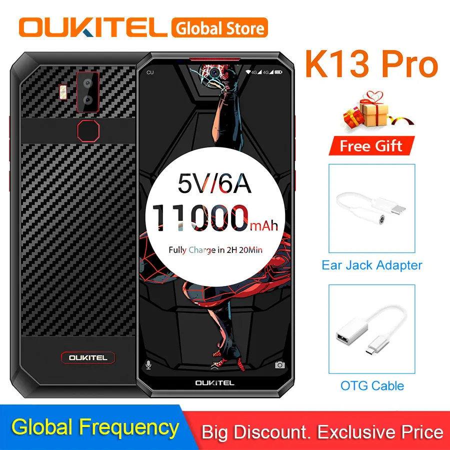 OUKITEL K13 Pro Android 9,0 мобильный телефон 6,4" 19,5: 9 экран MT6762 4G ram 64G rom 5 V/6A 11000mAh OTA NFC сканер отпечатков пальцев Смартфон