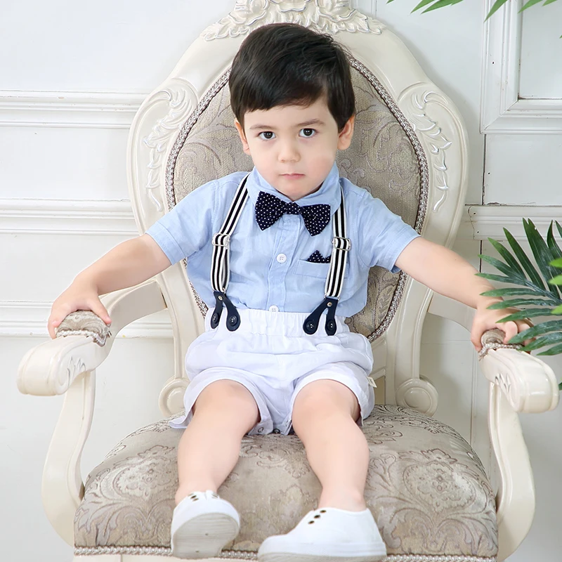 Newborn Boutique Clothes Set Baby Boys Summer Suit Sky Blue Rompers + Hat + White Shorts Formal Gentleman Birthday Clothing Sets - 2