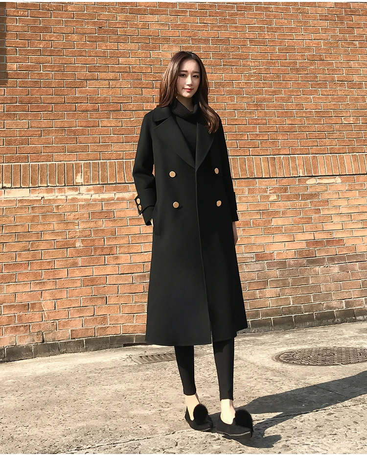Осень Зима черная теплая шерстяная куртка Корейская OL двубортная Casaco Feminino повседневные шерстяные пальто Подиум Тонкий шерстяной пальто
