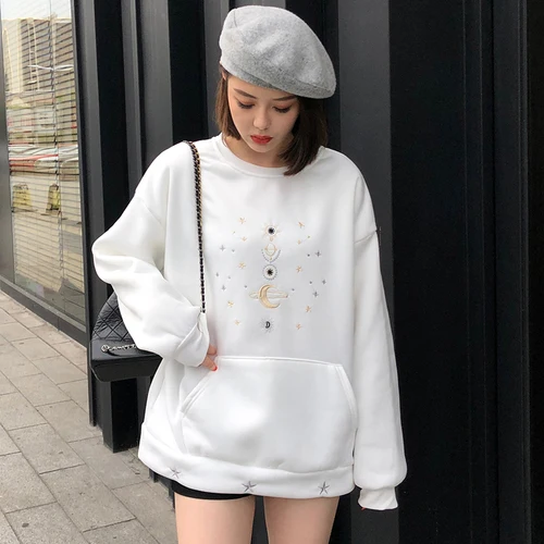 ShanH 9889 bai Осенне-зимние теплые толстовки с графическим принтом для женщин harajuku флисовая толстовка с капюшоном большого размера с вышивкой планеты Женская толстовка белая одежда - Цвет: ShanH 9889 bai