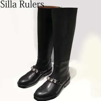 

2019 runway black Thick bottom knee high boots woman round toe slip on motorcycle boots woman flat with Knight boots for woman