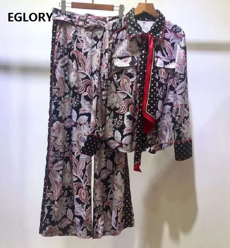 

Newest Fashion Clothing Sets 2021 Spring Summer Pant Suit Women Polka Dot Print Bow Shirts+Belted Long Pant Sets Casual Suit