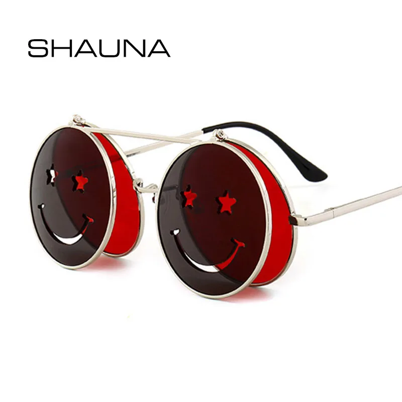 

SHAUNA Cute Smiling Face Women Folding Punk Sunglasses Unique Men Double Lens Tinted Steampunk Glasses UV400