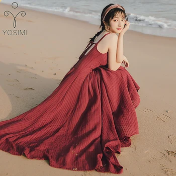 

YOSIMI 2020 Summer Women Red Wine Party Dress Maxi Long V-neck Backless Knitted Sleeveless Dress Sexy Lady Bandage Dress Beach