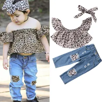 

3PCS Kids Baby Girls Leopard Clothes Off Shoulder T-shirt + Hole Demin Pants Headband Toddler Casual Clothes Outfit Set 1-7Y