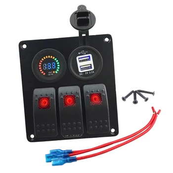 

3 Gang Marine Blue LED Switch Panel+ 3.1A Dual USB + 12V Color Voltmeter