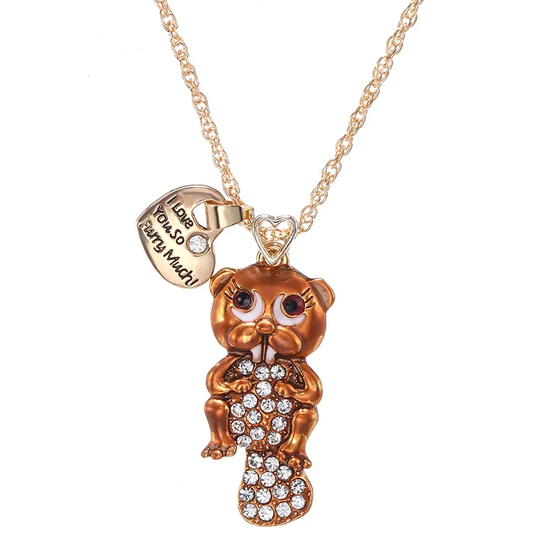 

CHUHAN Cute Brown Crystal Squirrel Necklace Holding Acorn Rhinestone Tail Chipmunk Animal Girl Charm Pendant Necklace Jewelry