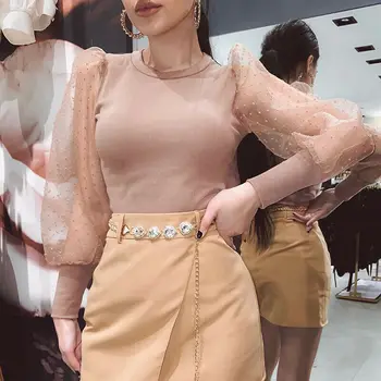 

2020 Newest Hot Women Polka Dot Sheer Puff Sleeve Bodysuits Top Ladies Long Sleeve Sheath Jumper Shirt Bodycon Playsuits