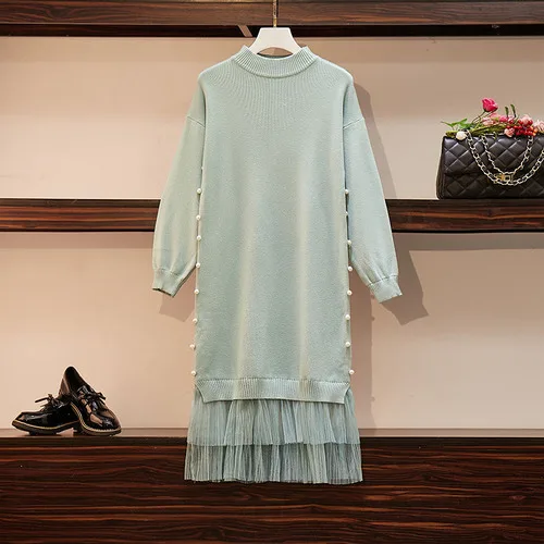 

2019 Autumn Winter New Lantern Sleeve Knitted Sweater Patchwork Mesh Beaded Mesh False Two Piece Knit Sweater Dress Dr739