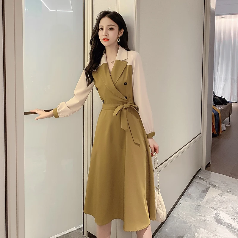 

Fashion Slim Stitching Drees with Bow Belt Long Section Long-sleeved Vestidos 2019 Autumn and Winter New Women's Dress