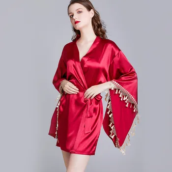 

Oversize Satin BRIDAL WEDDING ROBE Women Sexy Intimate Lingerie Sleepwear Red Kimono Bathrobe Gown Tassel Homewear Nightgown