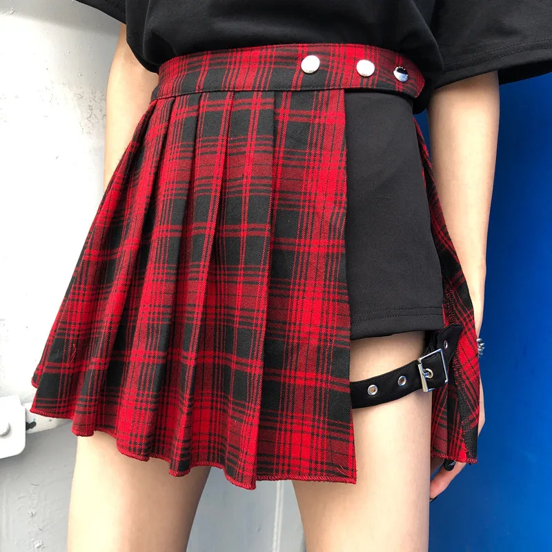 

Women Punk Casual Skirts Irregular Leg Ring High Waist Pleated Skirt Shorts Fake 2 Piece Red Plaid Skirts Pantskirt Plus Size