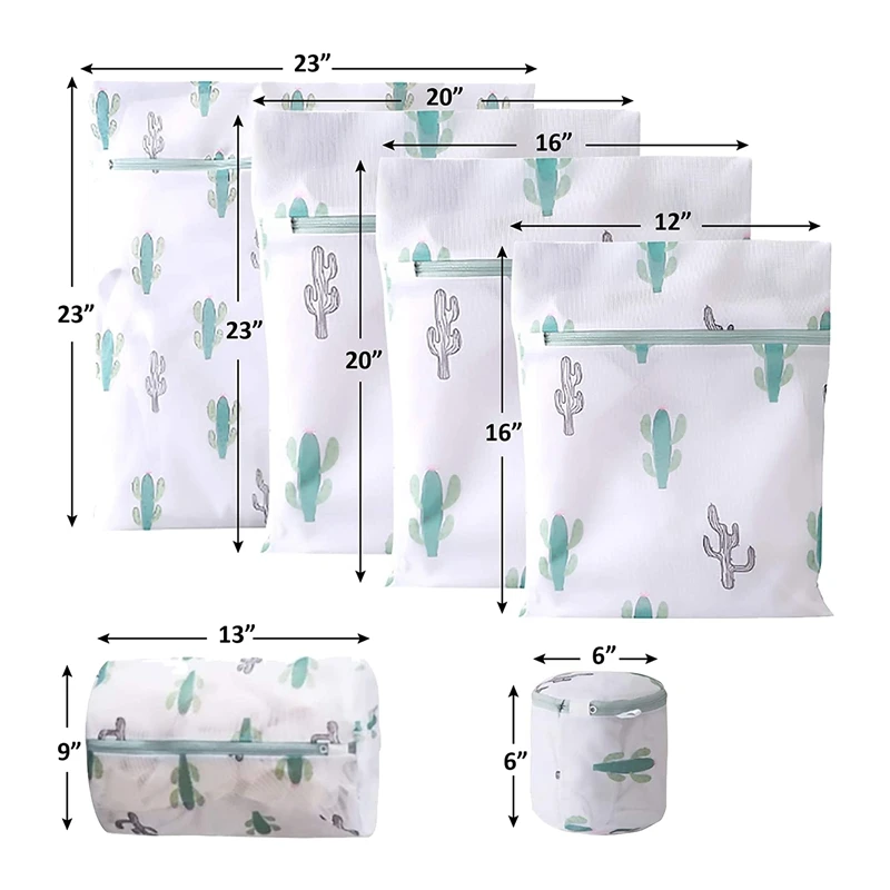 6 Pcs Mesh Laundry Bags With Prints,Travel Storage Bag,Garment Washing Bags For Clothes,Bras, Underwear,Socks,Green