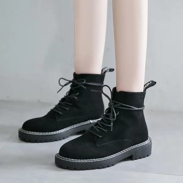 Bootee/ женские ботинки на низком каблуке; ботинки черного цвета; женские Ботинки Martin; женские ботинки до середины икры на шнуровке с круглым носком на резиновой подошве - Цвет: 2