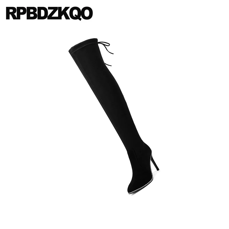 thigh high boots for plus size women sheepskin pointed toe heel long shoes slim over the knee black stiletto suede big brand new