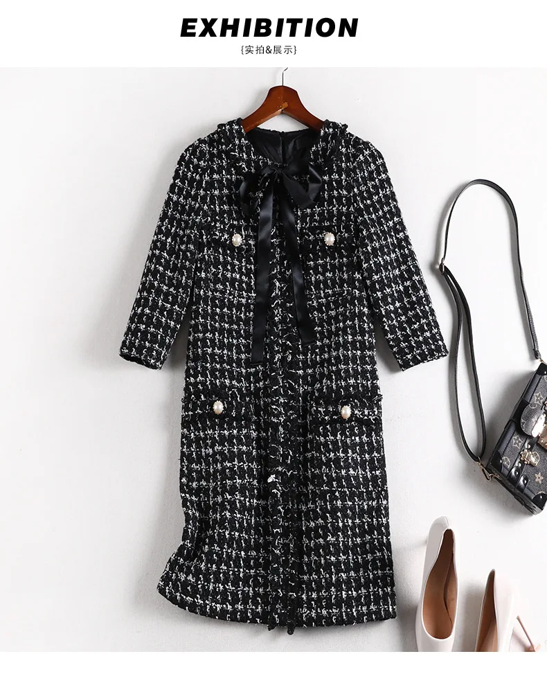 autumn winter women plaid knitted plus size tweed dresses buttonsbow tassel 3/4 sleeve dress 4XL 5XL apricot y489