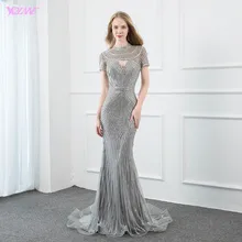 YQLNNE Роскошные Серебряные Кристаллы Вечерние платья с длинным высоким воротом и коротким рукавом Русалка вечернее платье Кутюр