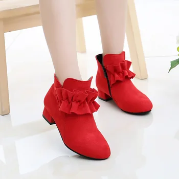

Mumoresip Girls Boots Flock Fabric Warm Cotton Autumn Winter Kids Ankle Boots With Ruffles Children Princess High Heeled Boots