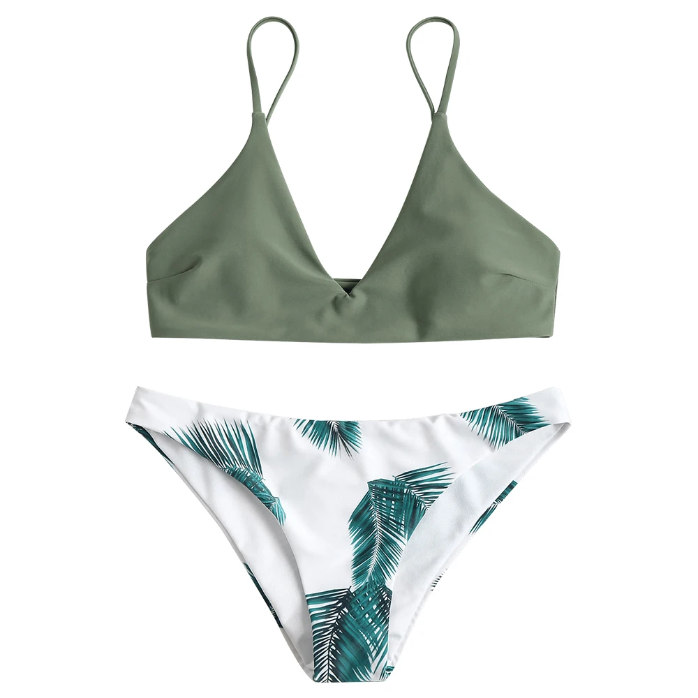 Camouflage Green ZAFUL бикини с принтом в виде листьев бюстгальтер с прокладками и принтом низ Спагетти ремни купальник костюм без проволоки женские летние повседневные купальные костюмы - Цвет: Camouflage Green