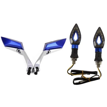 

Pair Rear-View Mirror for Motorcycle Scooter Tread Screw 8mm 10mm M8 M10 Blue Color with 2X 12V Universal Lighting Indicator Lam