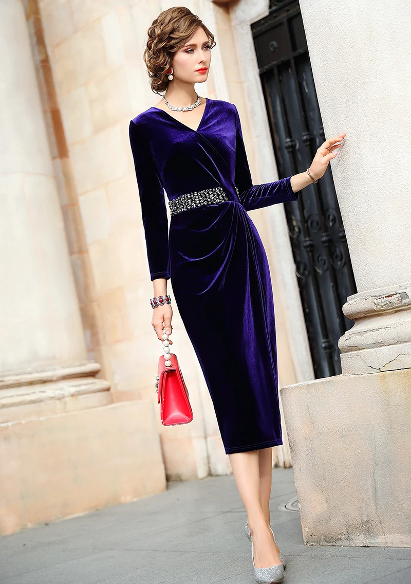 TESSCARA, женское осенне-зимнее роскошное бархатное платье с бисером, женские вечерние платья высокого качества