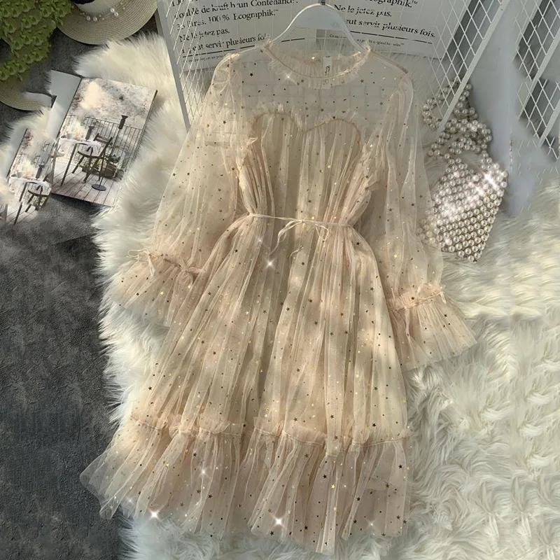 Женское весенне-осеннее платье со звездами и блестками Новое газовое платье принцессы с круглым вырезом и расклешенными рукавами на шнуровке женское элегантное газовое Пышное Платье