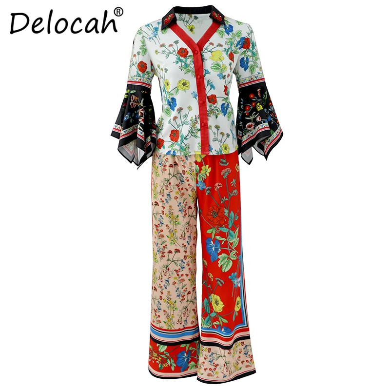Delocah, модный осенний винтажный костюм для подиума, женская рубашка с расклешенными рукавами и цветочным принтом+ широкие брюки с эластичной резинкой на талии, комплект из 2 предметов