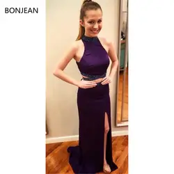 2 шт. бисерные фиолетовые платья для выпускного вечера с разрезом по бокам 2019 длинное платье из двух частей Vestidos de fiesta атласное вечернее
