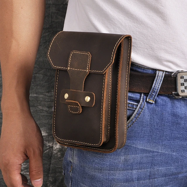 Men Genuine Leather Waist Bag Phone Belt Pouch Waist Pack Hook