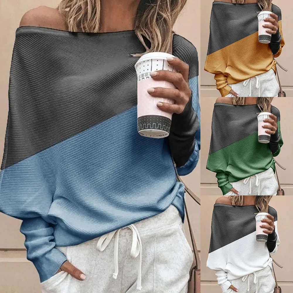 

Autumn Winter Contrast Color Women Sweater Casual Long Sleeve Pullovers Women Off Shoulder Knitted Tops Women Jumper Femme Soft
