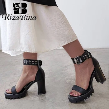 

RIZABINA High Heel Sandals Real Leather Summer Women Punk Buckle Platform Shoes Non-Slip Party Office Lady Shoes Size 34-42