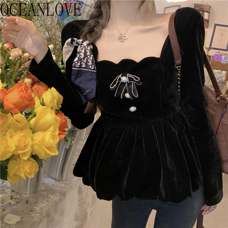 OCEANLOVE Black Blusas Mujer Solid Square Neck Retro 2021 Spring Women Tops and Blouses Velvet Korean Shirts Elegant 19491 ladies shirts