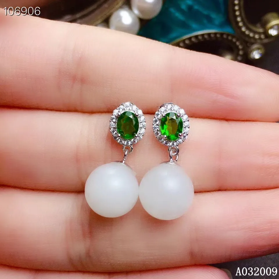 

KJJEAXCMY 925 sterling silver inlaid natural white jade diopside earrings new luxury girl ear stud support test