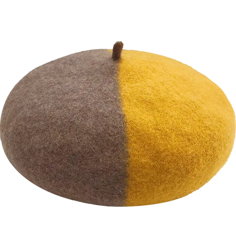 yellow and Mocha Женский французский стильный берет, шапки для женщин, девушек, зима, осень, ворсистые, художники, береты, шапка, женская, восьмиугольная, хлопковая, теплая - Цвет: yellow and Mocha