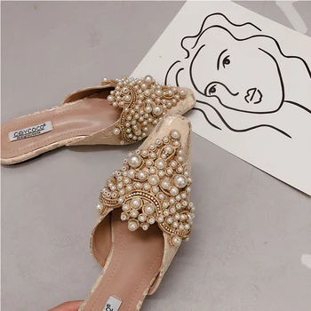 

2020 Korean Fashion Rhinestone Beaded luxury Muller shoes Bohemian Wild high quality Women's shoes Casual Women's shoes