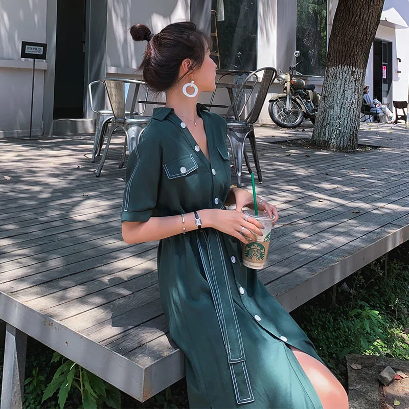 

Very Fairy of Dress 2019 New Style Summer Students French Platycodon Grandiflorum Skirt Waist Hugging Elegant Long Shirt Dress S