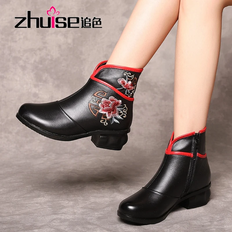 New Retro national style middle and old age Embroidered Flower thick heel medium heel Martin Short Boots cowhide women's Boots