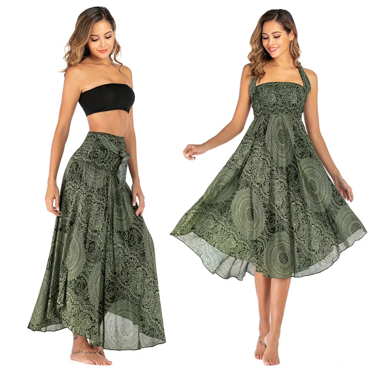 

Olive Green mandala floral flower printed Thai skirt plus size women halter neck strapy jumpsuit Beach Skirts womens midi skirts