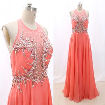 

MACloth Orange A-Line Halter Floor-Length Long Crystal Tulle Prom Dresses Dress M 268092 Clearance