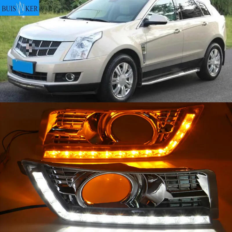 

Дневные ходовые огни для Cadillac SRX 2 2012-2016 светодиодный светодиодные дневные ходовые огни с желтыми поворотными огнями, хромированная противотуманная фара